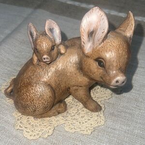 Vintage Ceramic Mother with Baby Pig Figurine Brown 3 1/2" tall